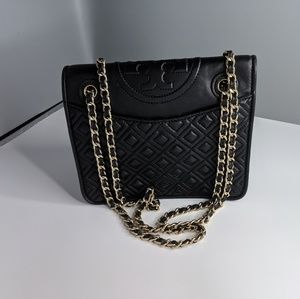 Tory burch fleming quilted black leather crossbody